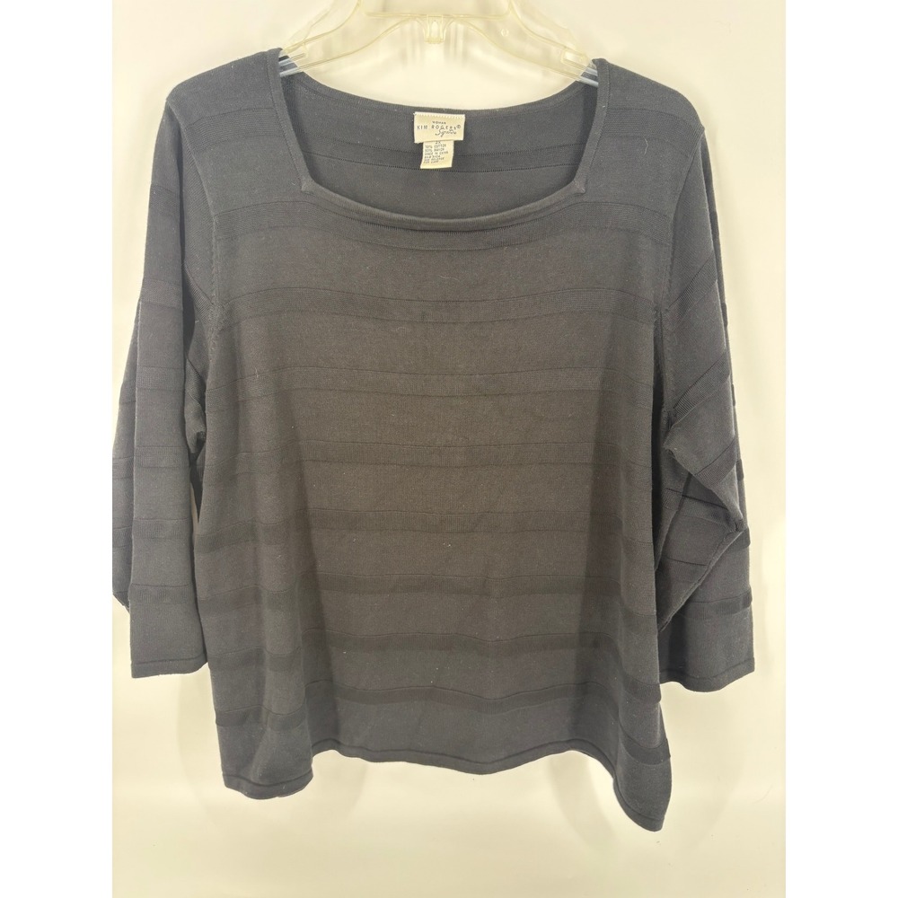 Kim Rogers Signature 2X Black Knit Top Square Neck‎ 3/4 Sleeve Pullover